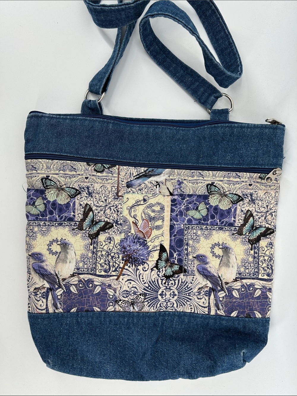 Denim Crossbody Tote Bag with Blue & Cream Bird & Butterfly Summer Print